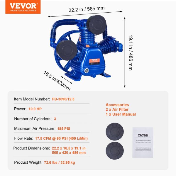 Air Compressor Pump Head 10HP 17.5CFM @ 90PSI 3-Cylinder Piston Pump Head - Image 7