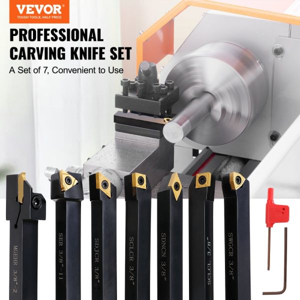 7-Piece CNC Lathe Turning Tool Holder Set, 3/8 Inch, Heavy-Duty Aluminum Case with Tin Coated Carbide Inserts for Turning, Grooving, Threading and Cutting - Image 2