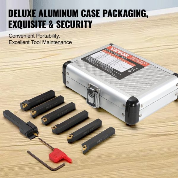 7-Piece CNC Lathe Turning Tool Holder Set, 3/8 Inch, Heavy-Duty Aluminum Case with Tin Coated Carbide Inserts for Turning, Grooving, Threading and Cutting - Image 3