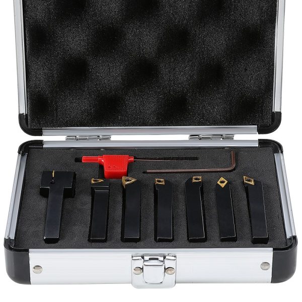 7-Piece CNC Lathe Turning Tool Holder Set, 3/8 Inch, Heavy-Duty Aluminum Case with Tin Coated Carbide Inserts for Turning, Grooving, Threading and Cutting