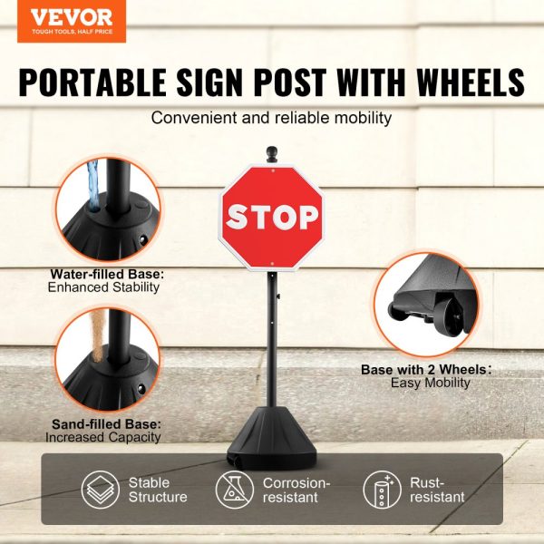 Portable Parking Sign Post - 5ft Cast Iron Construction with Movable Design, Plastic Base & Wheels, Perfect for No Parking or Handicap Signs, Black Color - Image 2