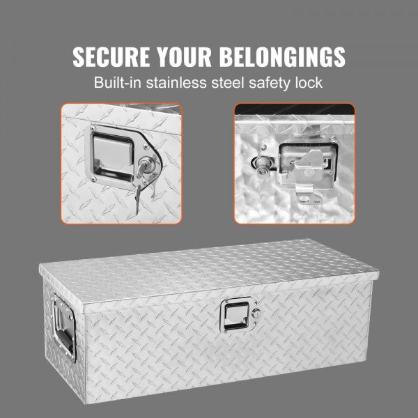 Heavy Duty Aluminum Diamond Plate Truck Bed Tool Chest with Side Handle and Lock, 30x13x9.6, Silver - Image 4