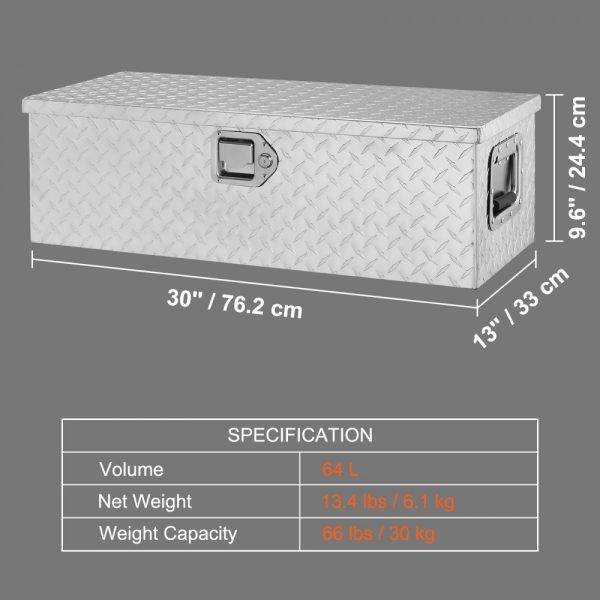 Heavy Duty Aluminum Diamond Plate Truck Bed Tool Chest with Side Handle and Lock, 30x13x9.6, Silver - Image 7