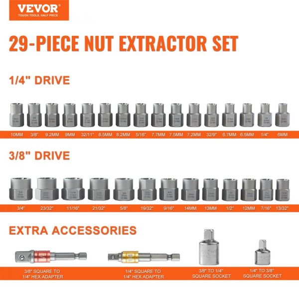 29 Piece Bolt and Nut Remover Set 6mm-10mm 13/32 to 3/4 CR-MO Steel Extraction Socket Set with Storage Case - Image 2