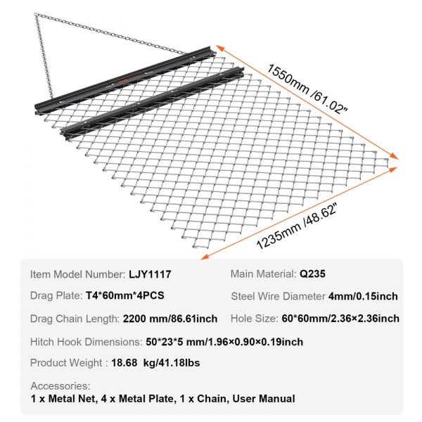 4x5' Q235 Steel Drag Harrow for ATV UTV Tractor Landscaping Sod Preparation - Image 7