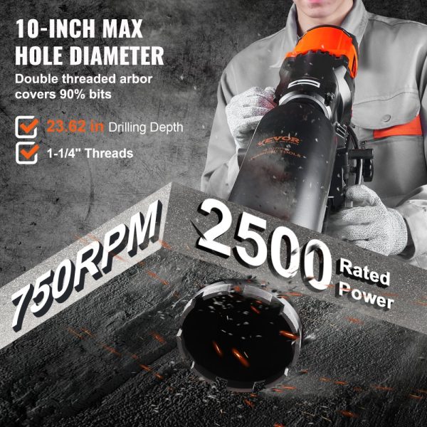 Diamond Core Drill Machine 10in Wet Concrete Core Drilling Rig Stand Wheels 750RPM 1-14 Thread Lifting Handle 10in Diameter for Concrete Brick Stone 2500W - Image 3