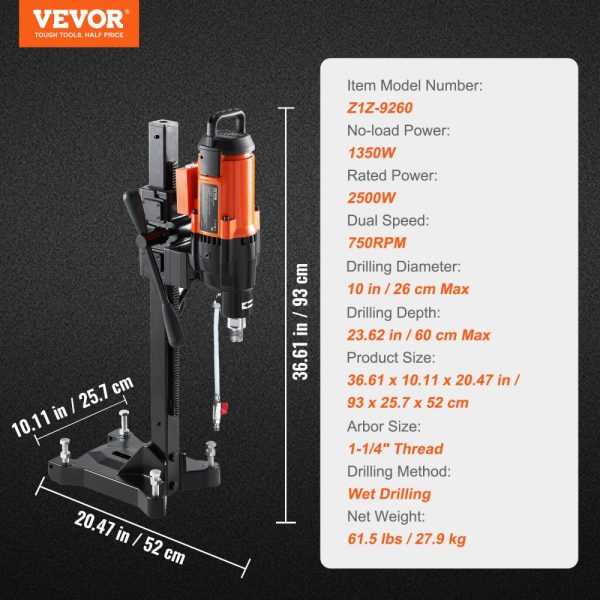 Diamond Core Drill Machine 10in Wet Concrete Core Drilling Rig Stand Wheels 750RPM 1-14 Thread Lifting Handle 10in Diameter for Concrete Brick Stone 2500W - Image 7