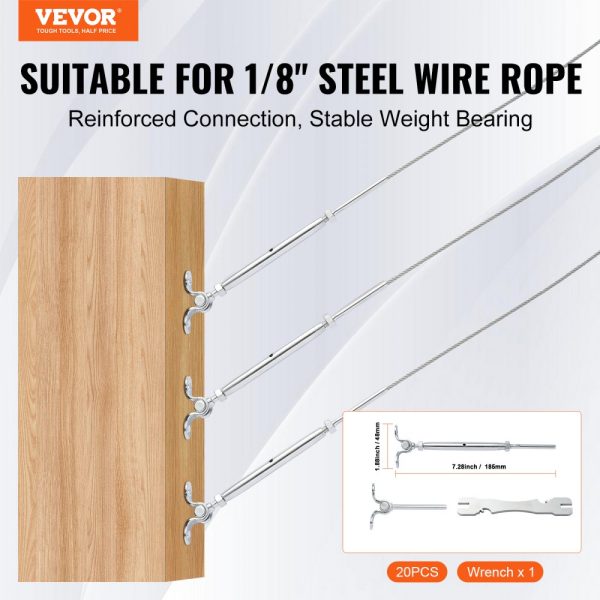 Adjustable Stainless Steel Cable Railing Hardware for Wood Posts, Marine Grade, 1/8 Wire Rope, 0-180 Degree Angle, Easy Installation, Silver, 20-Pack - Image 2