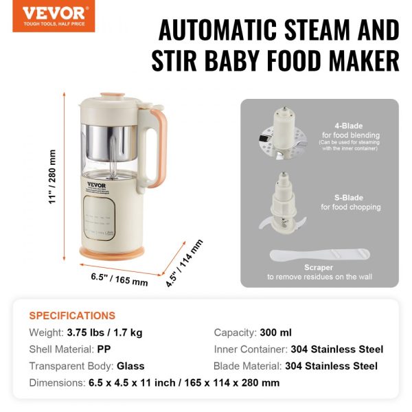 Baby Food Maker 500W Electric Baby Food Processor with 300ml Glass Bowl SUS304 Stainless Steel 4-Blade Grinder Steamer for Food Fruit Vegetable Meat - Image 7