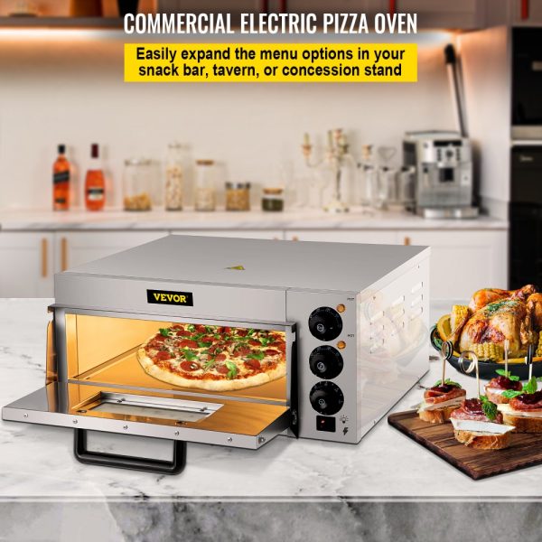Commercial Countertop Pizza Oven 14 Inch Single Deck 1300W 110V Stainless Steel Electric with Stone Deck and Shelf Multipurpose Indoor for Restaurant Home - Image 2