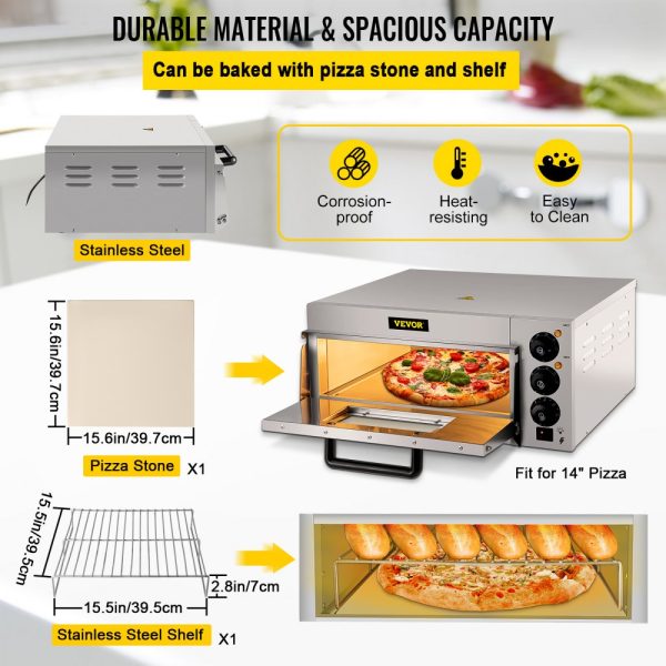 Commercial Countertop Pizza Oven 14 Inch Single Deck 1300W 110V Stainless Steel Electric with Stone Deck and Shelf Multipurpose Indoor for Restaurant Home - Image 5