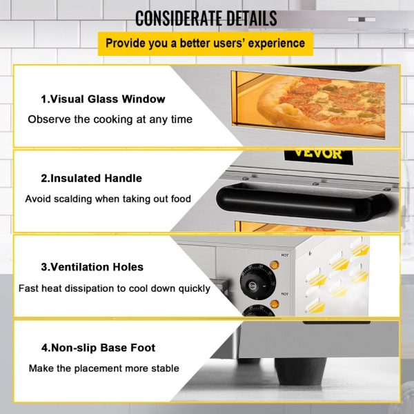 Commercial Countertop Pizza Oven 14 Inch Single Deck 1300W 110V Stainless Steel Electric with Stone Deck and Shelf Multipurpose Indoor for Restaurant Home - Image 6