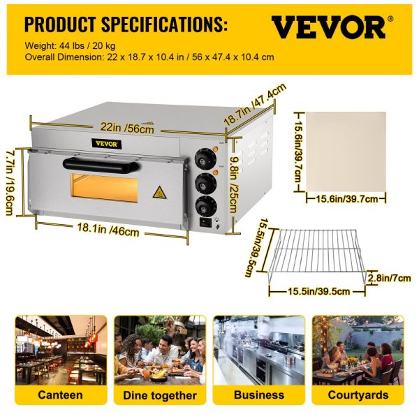Commercial Countertop Pizza Oven 14 Inch Single Deck 1300W 110V Stainless Steel Electric with Stone Deck and Shelf Multipurpose Indoor for Restaurant Home - Image 7