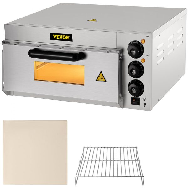 Commercial Countertop Pizza Oven 14 Inch Single Deck 1300W 110V Stainless Steel Electric with Stone Deck and Shelf Multipurpose Indoor for Restaurant Home