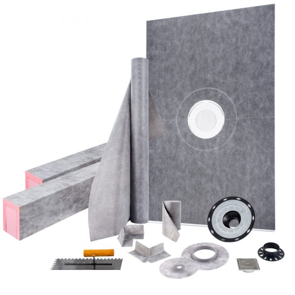 48x72 Inch Watertight Shower Curb Kit with 4 ABS Flange & Stainless Steel Grate, Includes 2 Cuttable Curbs, Trowel, and Pan Slope Sticks for Bathroom Use