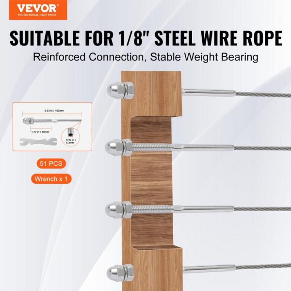 51-Pack Cable Railing Fittings T316 Stainless Steel 1/8 Cable Deck Rail Tension End for Wood/Metal Post Silver - Image 2