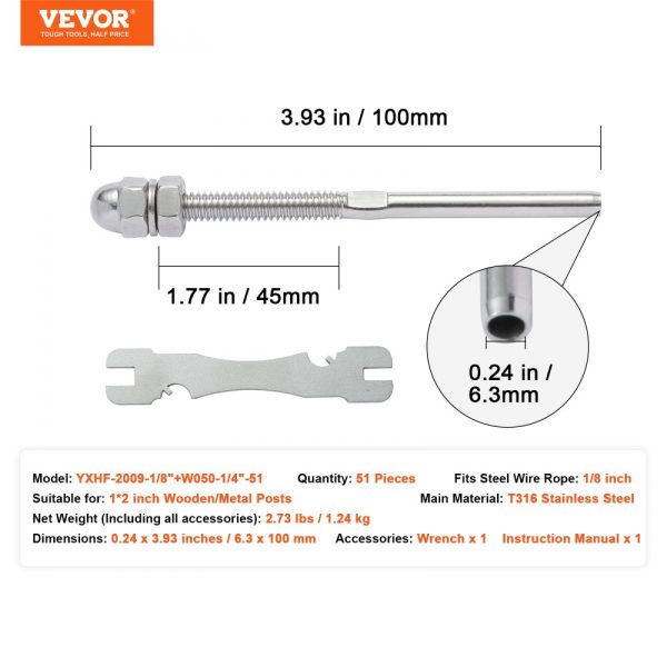 51-Pack Cable Railing Fittings T316 Stainless Steel 1/8 Cable Deck Rail Tension End for Wood/Metal Post Silver - Image 7
