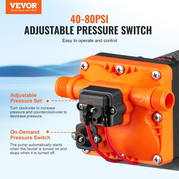 12V DC Water Diaphragm Pump 3.5 GPM Flow 55 PSI Adjustable 40-80 PSI 1/2 MNPT Self-Priming Pressure Switch for RV Camper Marine Boat Lawn FCC Certified - Image 3