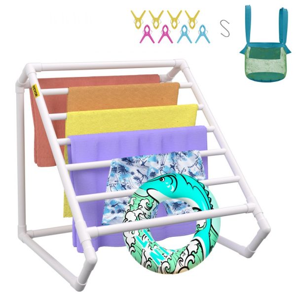 8 Bar Poolside Towel Rack with PVC Triangle Design, White, Outdoor Storage for Beach & Pool