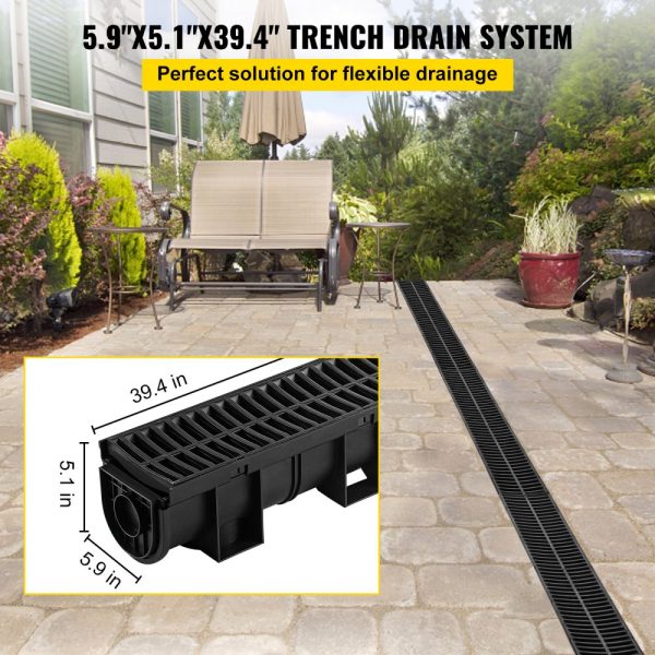 Trench Drain System with Plastic Grate - 5.9x5.1-Inch HDPE Drainage Trench, Black, for Garden & Driveway - 6-Pack - Image 2