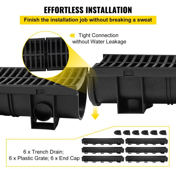 Trench Drain System with Plastic Grate - 5.9x5.1-Inch HDPE Drainage Trench, Black, for Garden & Driveway - 6-Pack - Image 3