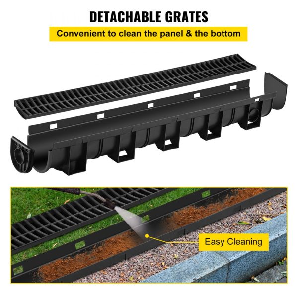 Trench Drain System with Plastic Grate - 5.9x5.1-Inch HDPE Drainage Trench, Black, for Garden & Driveway - 6-Pack - Image 4