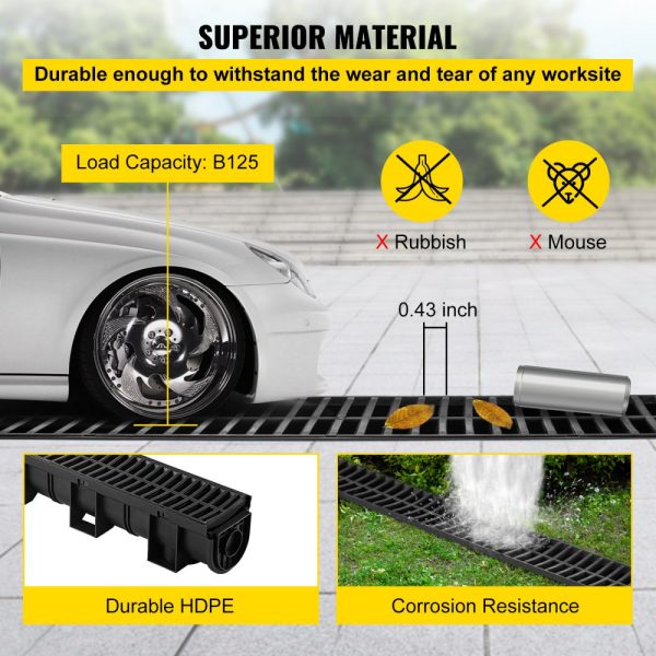 Trench Drain System with Plastic Grate - 5.9x5.1-Inch HDPE Drainage Trench, Black, for Garden & Driveway - 6-Pack - Image 6