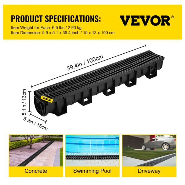 Trench Drain System with Plastic Grate - 5.9x5.1-Inch HDPE Drainage Trench, Black, for Garden & Driveway - 6-Pack - Image 7