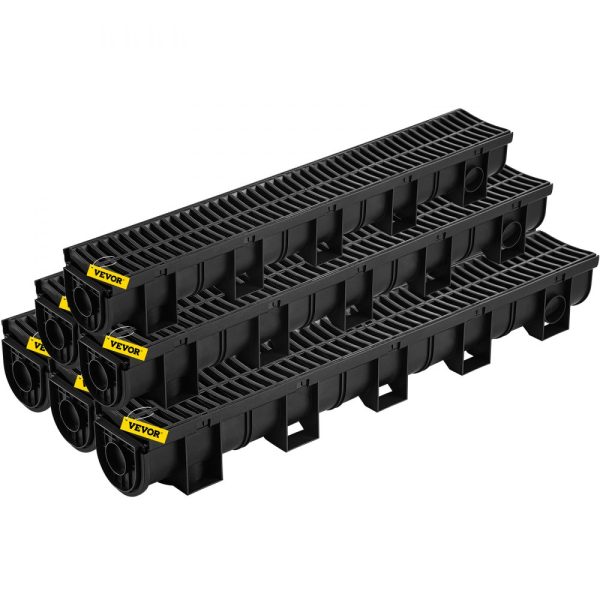 Trench Drain System with Plastic Grate - 5.9x5.1-Inch HDPE Drainage Trench, Black, for Garden & Driveway - 6-Pack