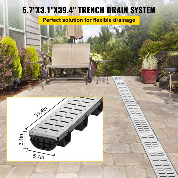 5.7x3.1-Inch HDPE Trench Drain System with Metal Grate for Garden & Driveway, Includes 5 End Caps, 5-Pack - Image 2
