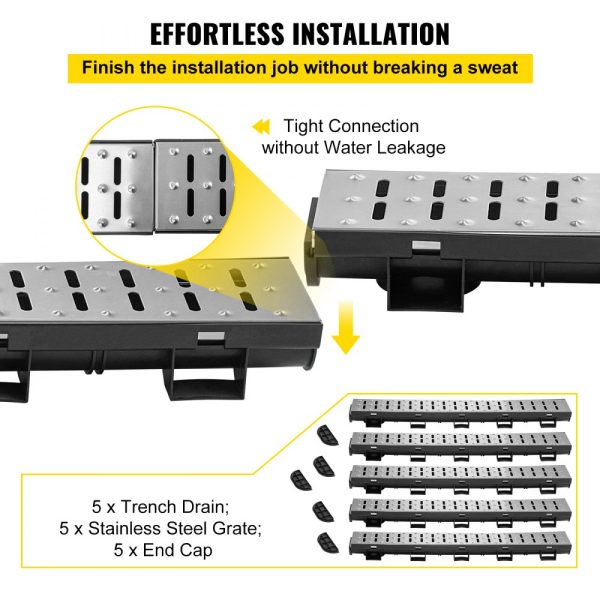 5.7x3.1-Inch HDPE Trench Drain System with Metal Grate for Garden & Driveway, Includes 5 End Caps, 5-Pack - Image 3