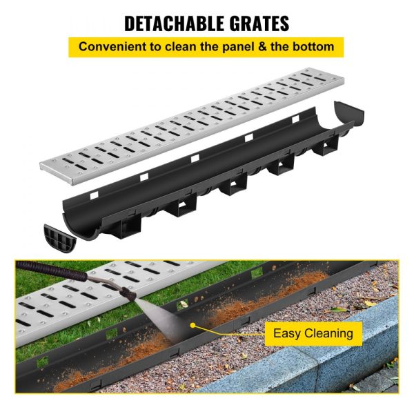 5.7x3.1-Inch HDPE Trench Drain System with Metal Grate for Garden & Driveway, Includes 5 End Caps, 5-Pack - Image 4