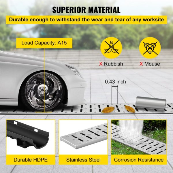 5.7x3.1-Inch HDPE Trench Drain System with Metal Grate for Garden & Driveway, Includes 5 End Caps, 5-Pack - Image 6