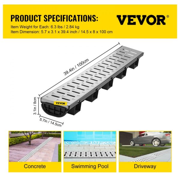 5.7x3.1-Inch HDPE Trench Drain System with Metal Grate for Garden & Driveway, Includes 5 End Caps, 5-Pack - Image 7