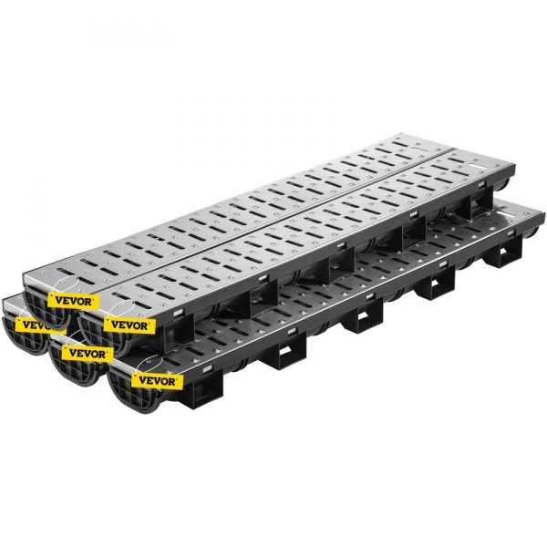 5.7x3.1-Inch HDPE Trench Drain System with Metal Grate for Garden & Driveway, Includes 5 End Caps, 5-Pack