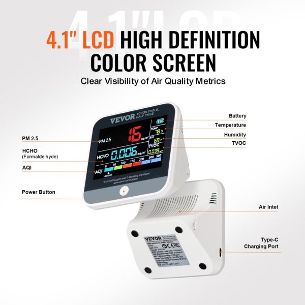 Mini Air Quality Monitor 8-in-1 for PM2.5 PM10 PM1.0 Formaldehyde Temperature Humidity TVOC AQI with Alarm Thresholds for Indoor Outdoor - Image 5