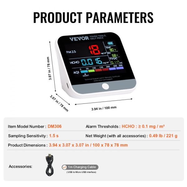 Mini Air Quality Monitor 8-in-1 for PM2.5 PM10 PM1.0 Formaldehyde Temperature Humidity TVOC AQI with Alarm Thresholds for Indoor Outdoor - Image 7