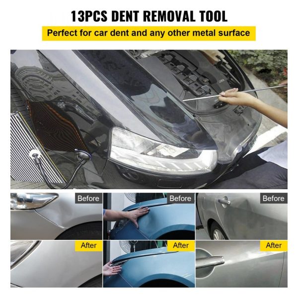 Professional Paintless Dent Removal Kit with 13-Piece Repair Tools Including 5 Stainless Steel Rods and 8 Tapper Heads for Hail Damage Minor Dents and Door Dings - Image 2