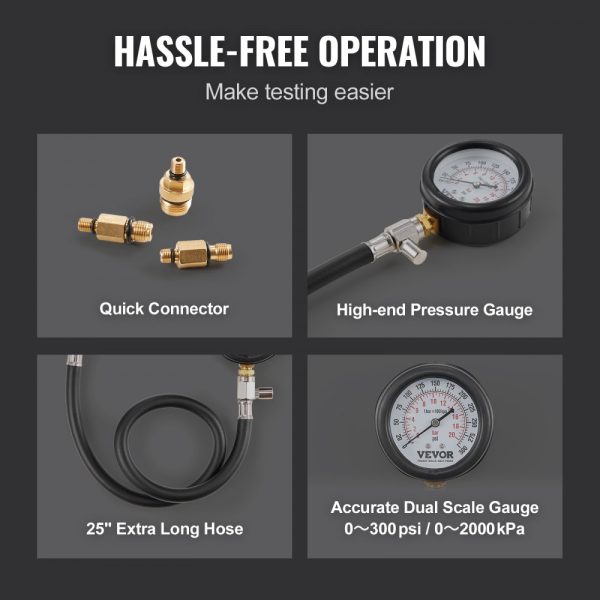 Compression Tester Adapter Kit - 9-Piece Automotive Engine Cylinder Leak Down Test with Dual Scale 0-300 psi Gauge, Long Hose, and Carrying Case - Image 4