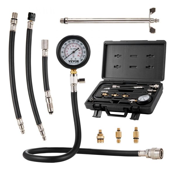 Compression Tester Adapter Kit - 9-Piece Automotive Engine Cylinder Leak Down Test with Dual Scale 0-300 psi Gauge, Long Hose, and Carrying Case