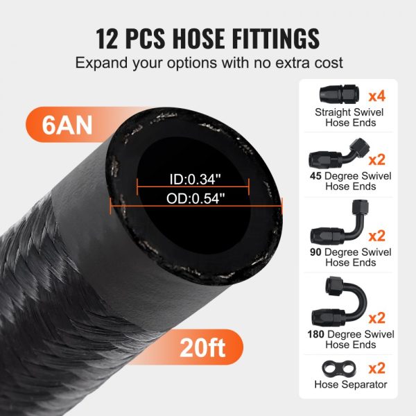 6AN Fuel Line Kit 20FT 0.34 Nylon Stainless Steel Braided Hose Oil Gas Diesel Adapter with 12 Swivel Fittings Black - Image 5