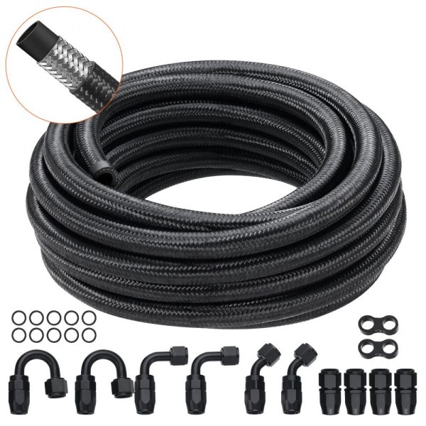 6AN Fuel Line Kit 20FT 0.34 Nylon Stainless Steel Braided Hose Oil Gas Diesel Adapter with 12 Swivel Fittings Black