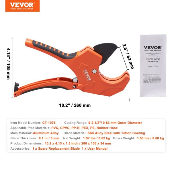 PVC Pipe Cutter 0-2-1/2 OD Ratcheting Heavy Duty Tube Cutter with Spare SK5 Blade for PVC, CPVC, PEX, PE, Rubber Hose - Image 7