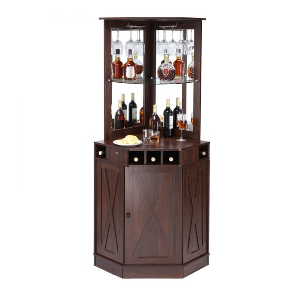 Industrial Bar Cabinet for Home Bar and Living Room with Glass Storage and Bottle Holder, Black Walnut Finish