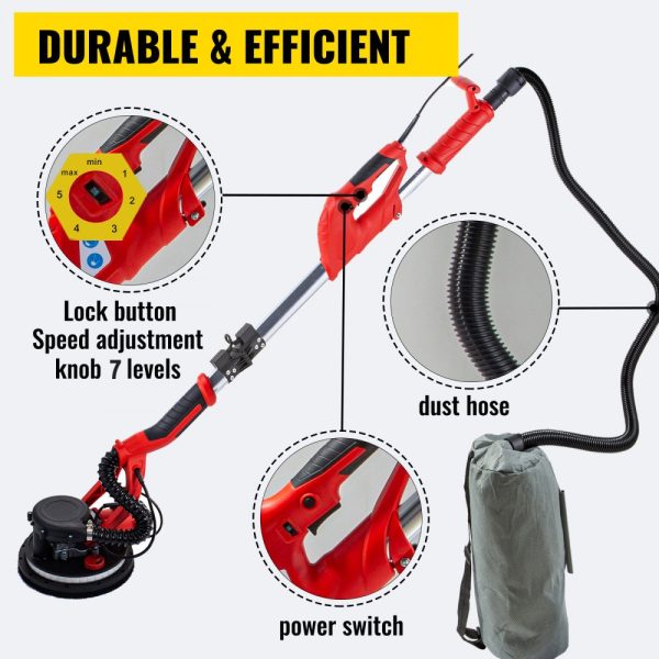 850W Electric Wall Sander, Variable Speed 800-1750 RPM, Foldable Design with Telescoping Handle, LED Strip Light, and Vacuum Bag Incl. - Image 2