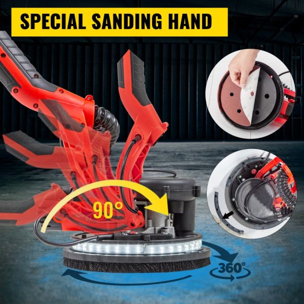 850W Electric Wall Sander, Variable Speed 800-1750 RPM, Foldable Design with Telescoping Handle, LED Strip Light, and Vacuum Bag Incl. - Image 3