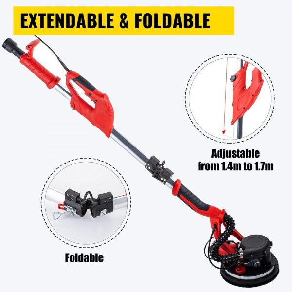 850W Electric Wall Sander, Variable Speed 800-1750 RPM, Foldable Design with Telescoping Handle, LED Strip Light, and Vacuum Bag Incl. - Image 4