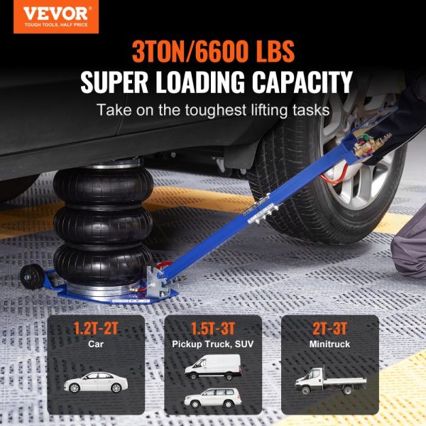 3 Ton Pneumatic Air Jack 6600 lbs Capacity Triple Bag Design with Six Steel Pipes Up to 17.7 Lift Adjustable Handles for Automotive Use Blue - Image 2