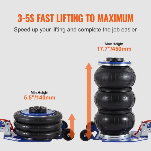 3 Ton Pneumatic Air Jack 6600 lbs Capacity Triple Bag Design with Six Steel Pipes Up to 17.7 Lift Adjustable Handles for Automotive Use Blue - Image 3
