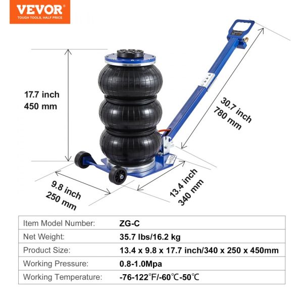 3 Ton Pneumatic Air Jack 6600 lbs Capacity Triple Bag Design with Six Steel Pipes Up to 17.7 Lift Adjustable Handles for Automotive Use Blue - Image 7